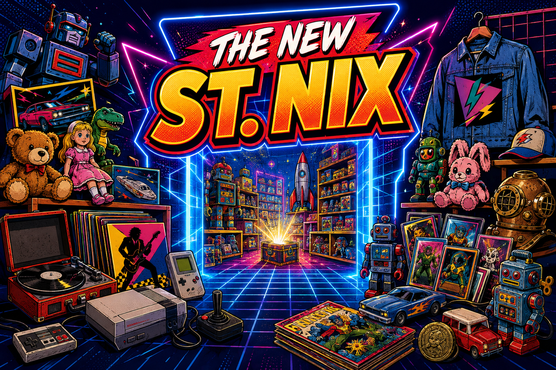 The new St. Nix online store surrounded by toys, collectibles, cards, games, apparel, and antiques