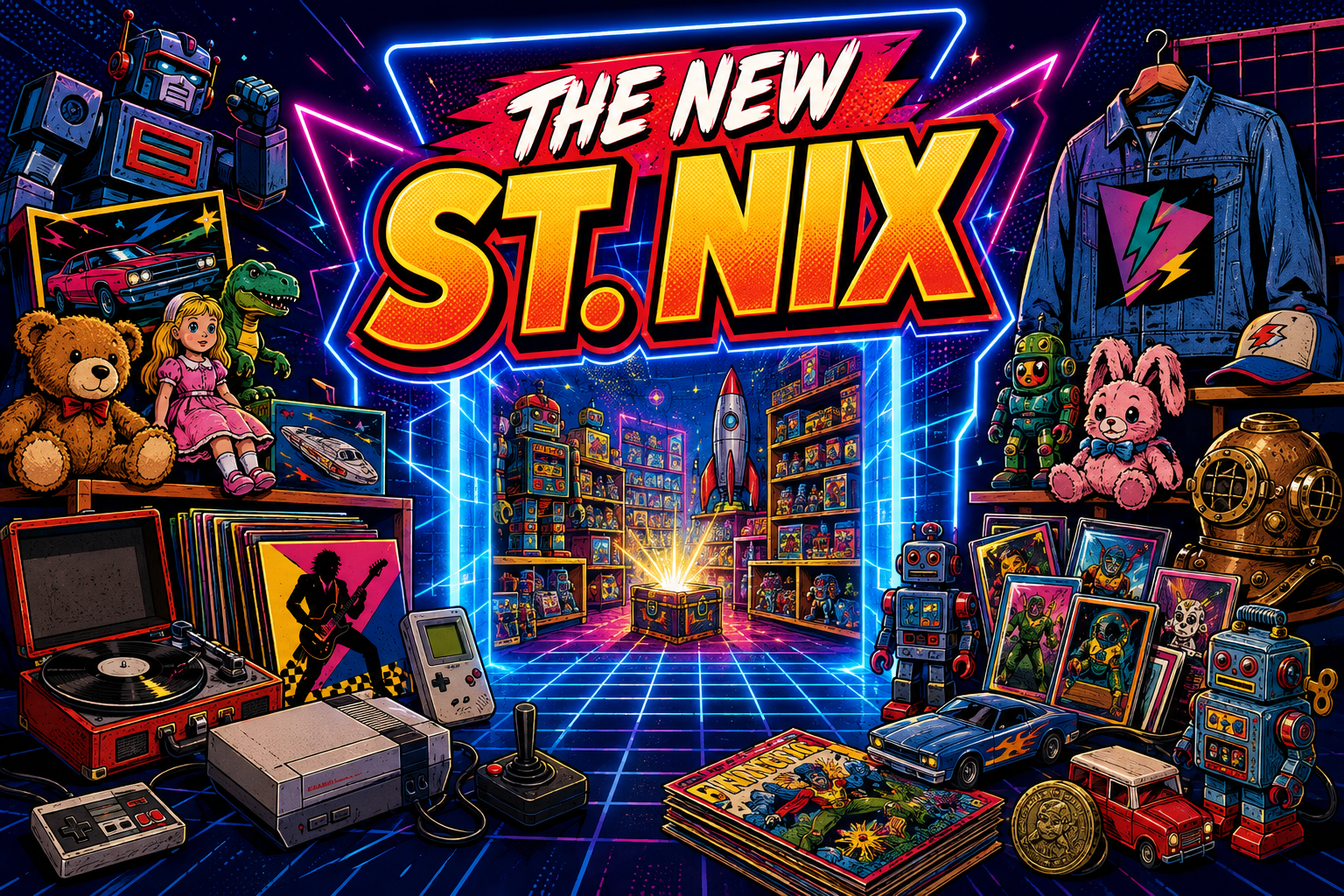 The new St. Nix online store surrounded by toys, collectibles, cards, games, apparel, and antiques