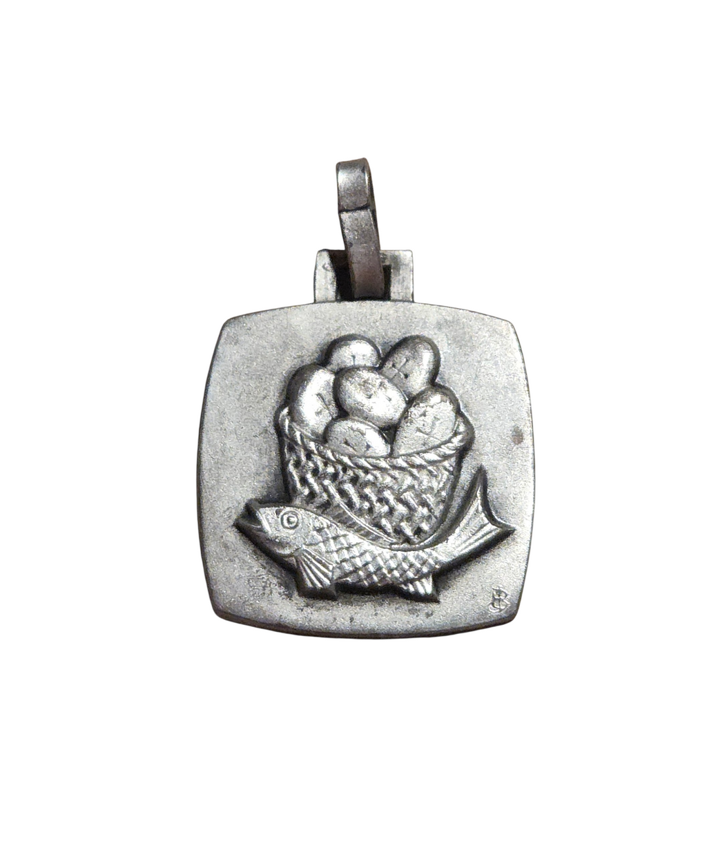 Front of vintage silver-tone fish and five loaves pendant