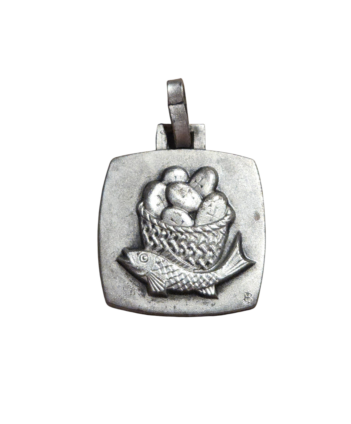Front of vintage silver-tone fish and five loaves pendant