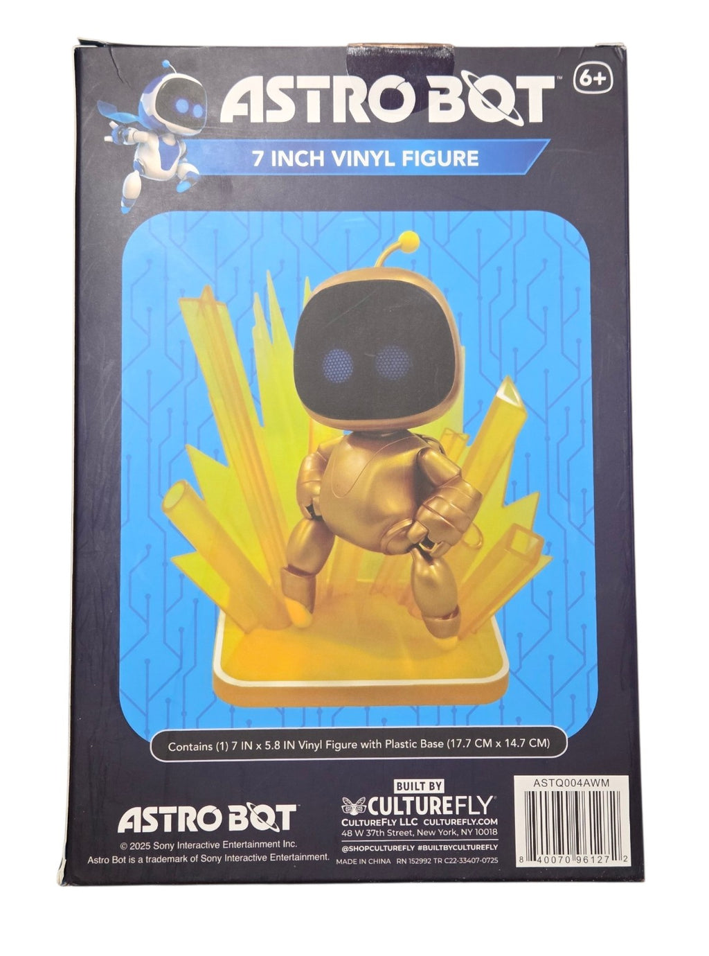 Astro Bot Golden Captain CultureFly box back showing 7 inch size 2025 copyright and product ASTQ004AWM