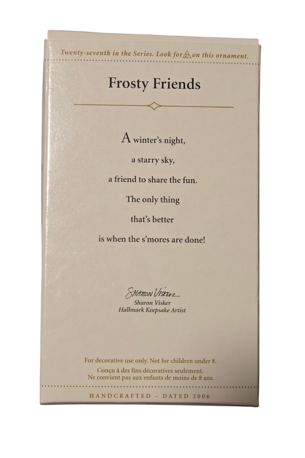 2006 Hallmark Frosty Friends number 27 box back showing year and artist Sharon Visker
