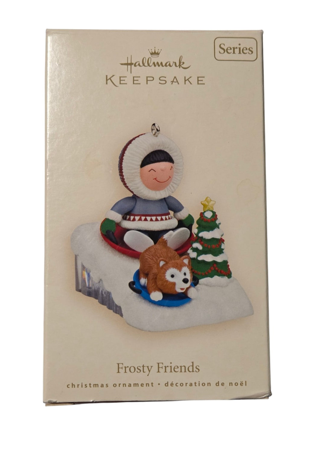 2008 Hallmark Frosty Friends 29th ornament original box front showing Frosty and husky sledding beside a Christmas tree