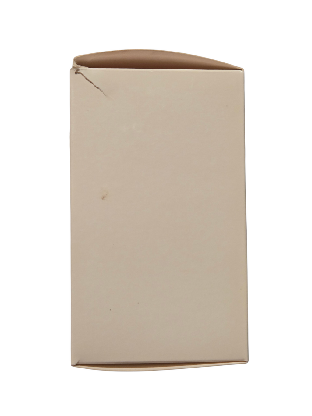 Box side showing tear at upper corner and storage wear