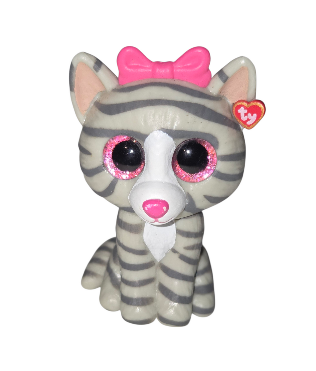 Ty Mini Boos Kiki gray tabby cat figure front with pink bow and glitter eyes