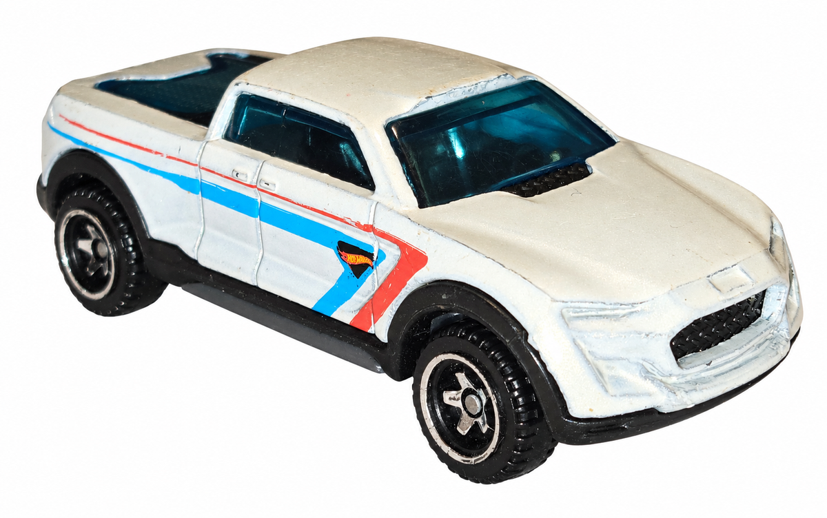 Hot Wheels 2-Tuff white number 7 pickup on white background
