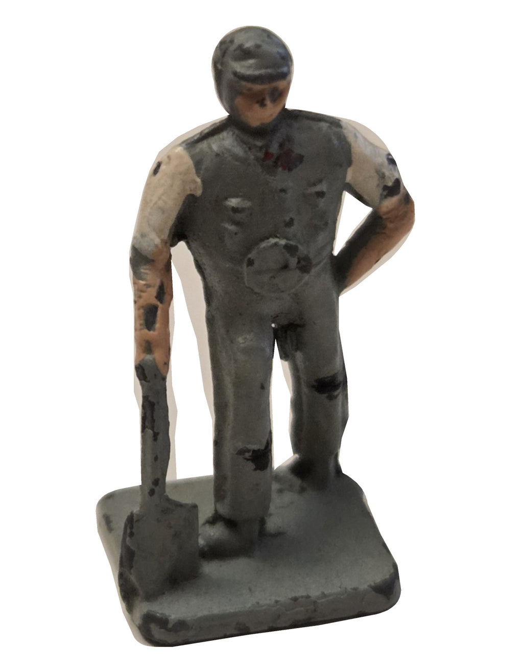 Preowned metal worker with shovel on white background