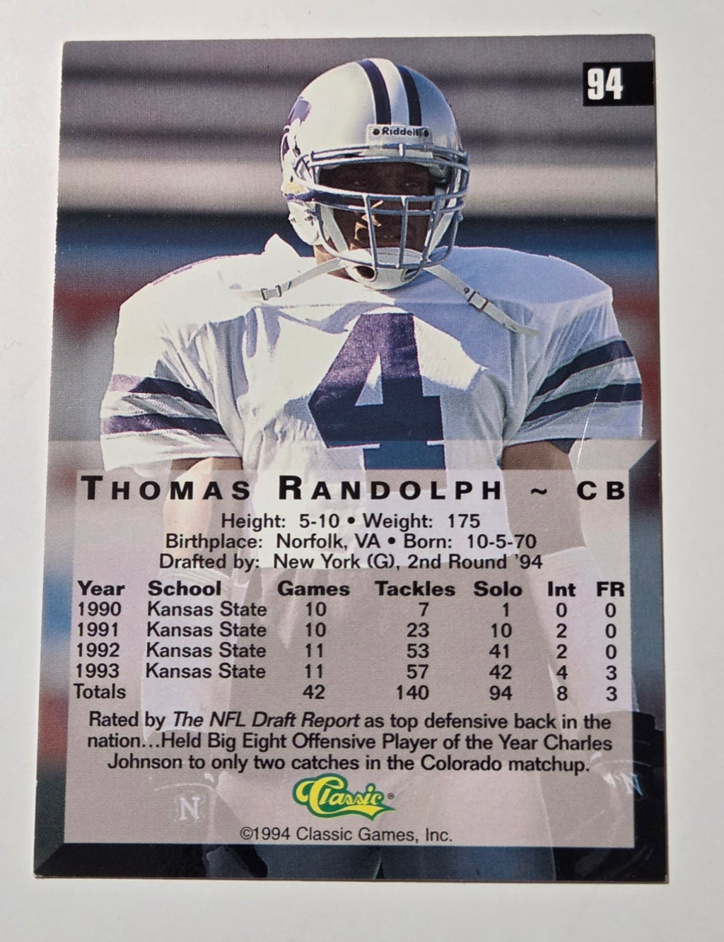 Thomas Randolph 94 Classic Four Sport card reverse showing stats and condition