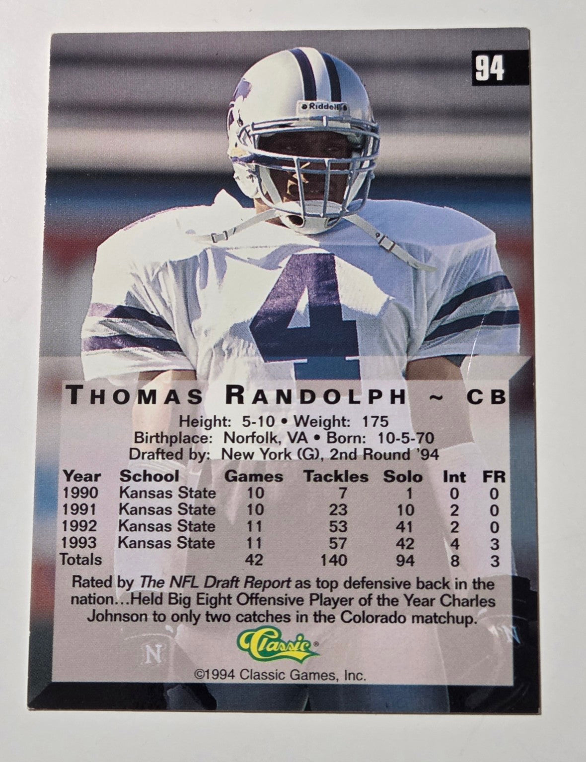 Thomas Randolph 94 Classic Four Sport card reverse showing stats and condition