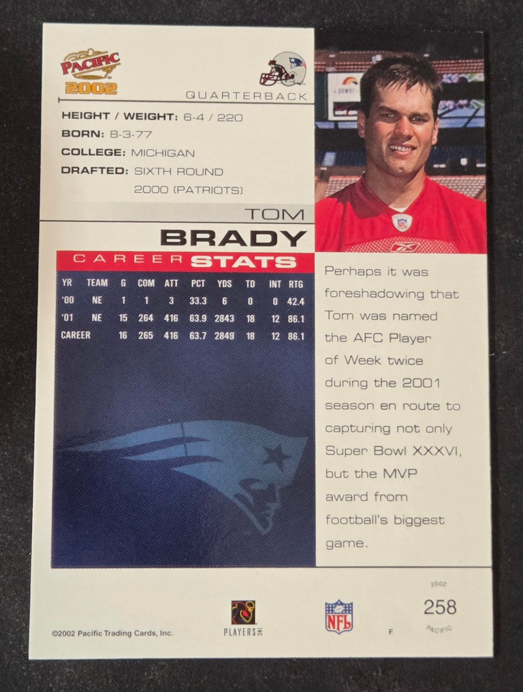2002 Pacific Tom Brady 258 football card reverse