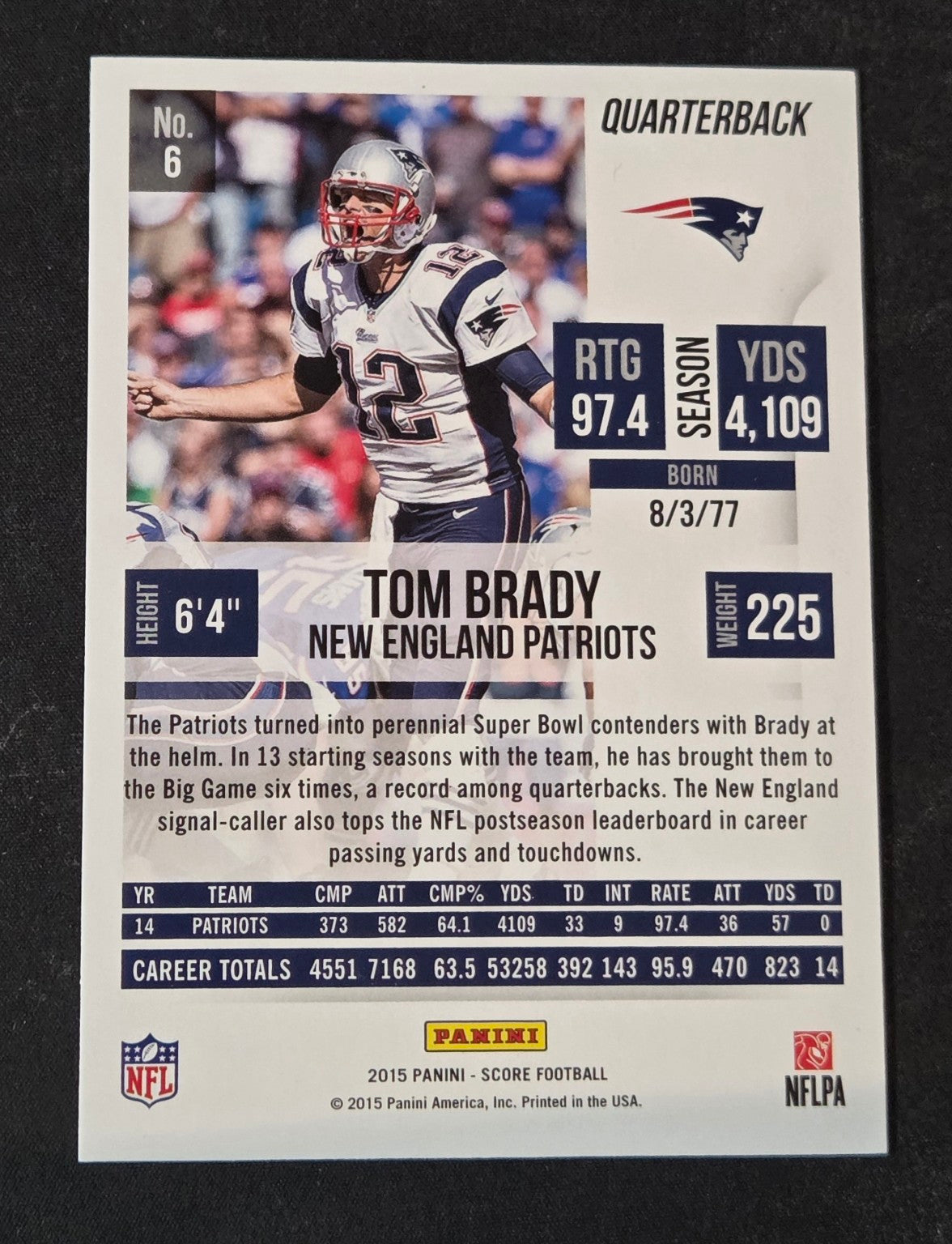 2015 Score Tom Brady 6 Scorecard card reverse