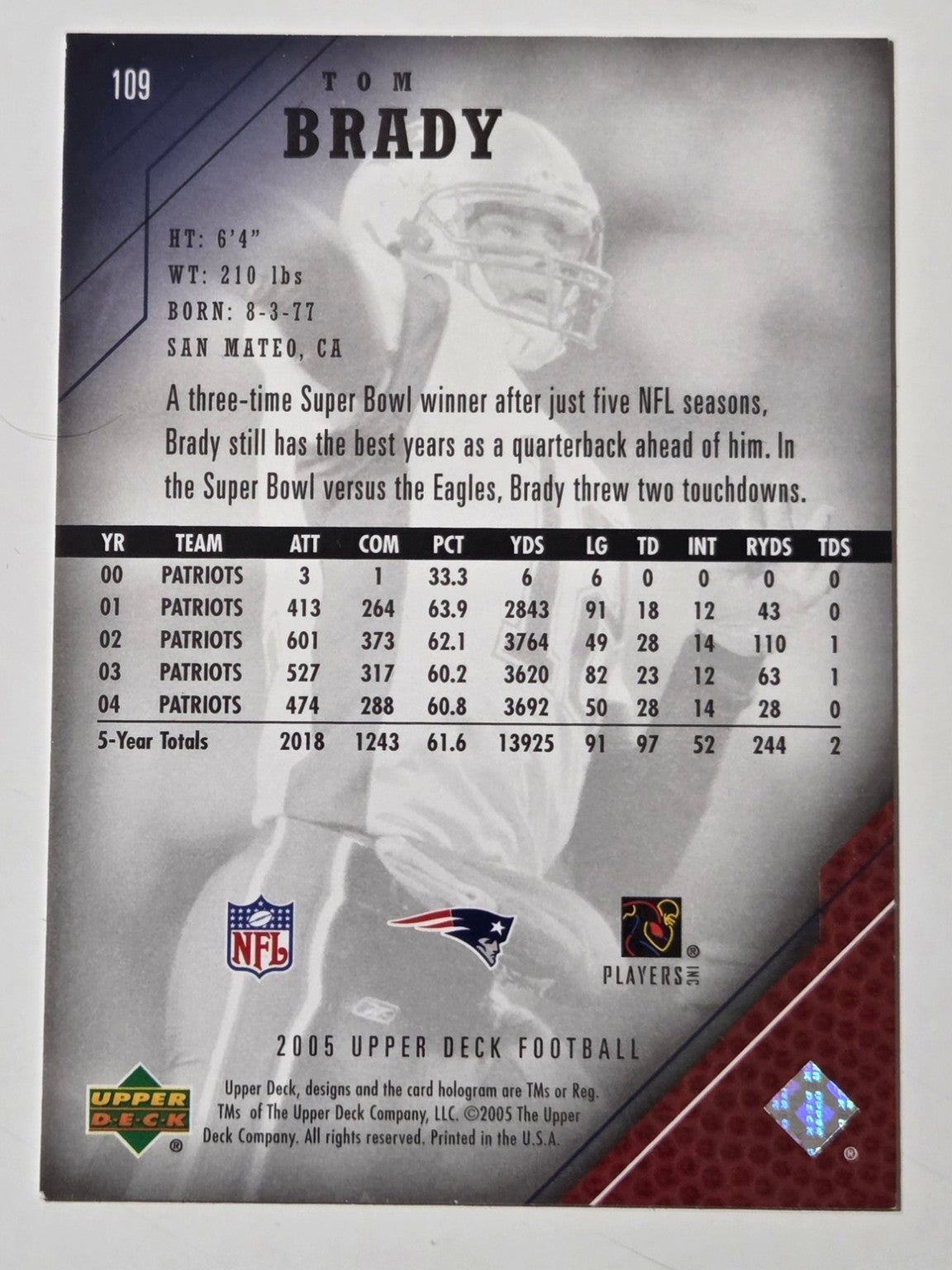 2005 Upper Deck Tom Brady 109 football card reverse