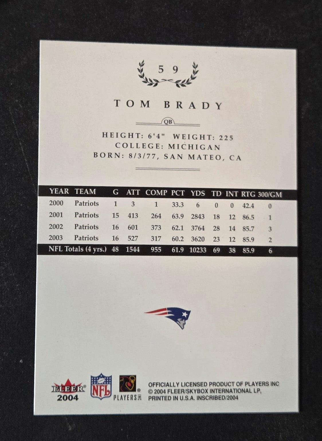 2004 Fleer Inscribed Tom Brady #59 back