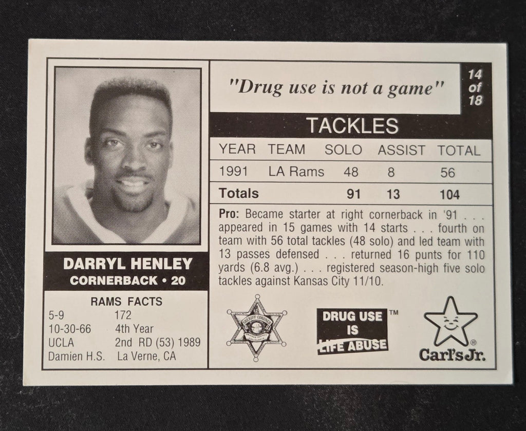 1992 Carl's Jr. Los Angeles Rams Police Darryl Henley #14 back