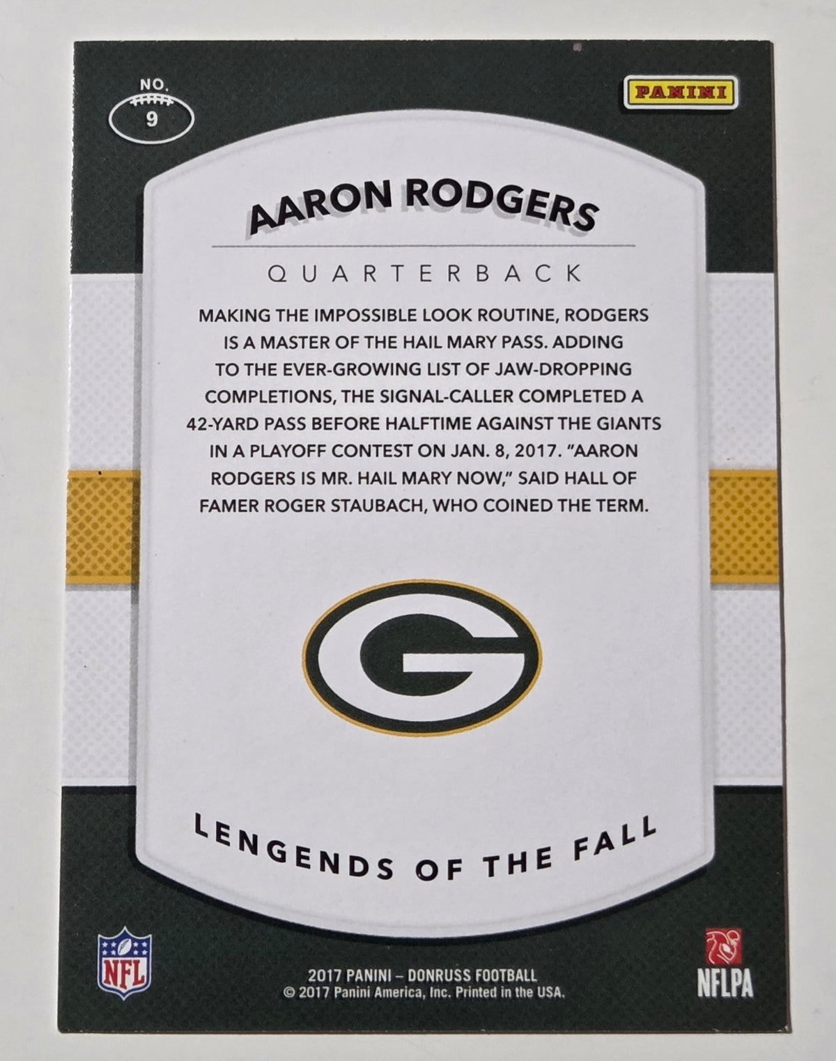 2017 Donruss Legends of the Fall Aaron Rodgers #9 back