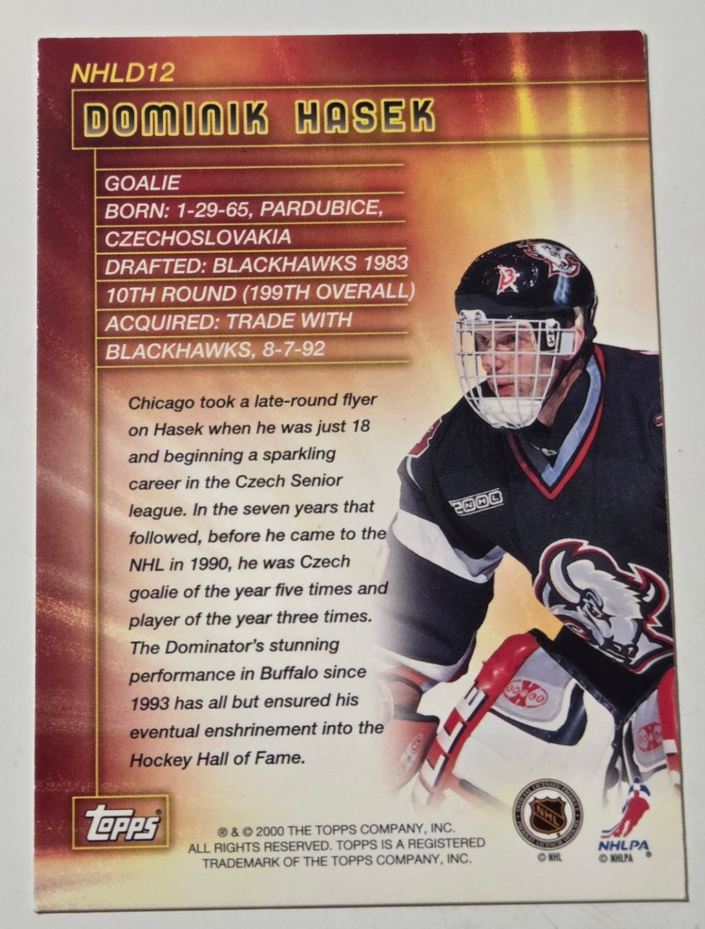 2000-01 Topps Dominik Hasek NHL Draft Hidden Gems NHLD12 back