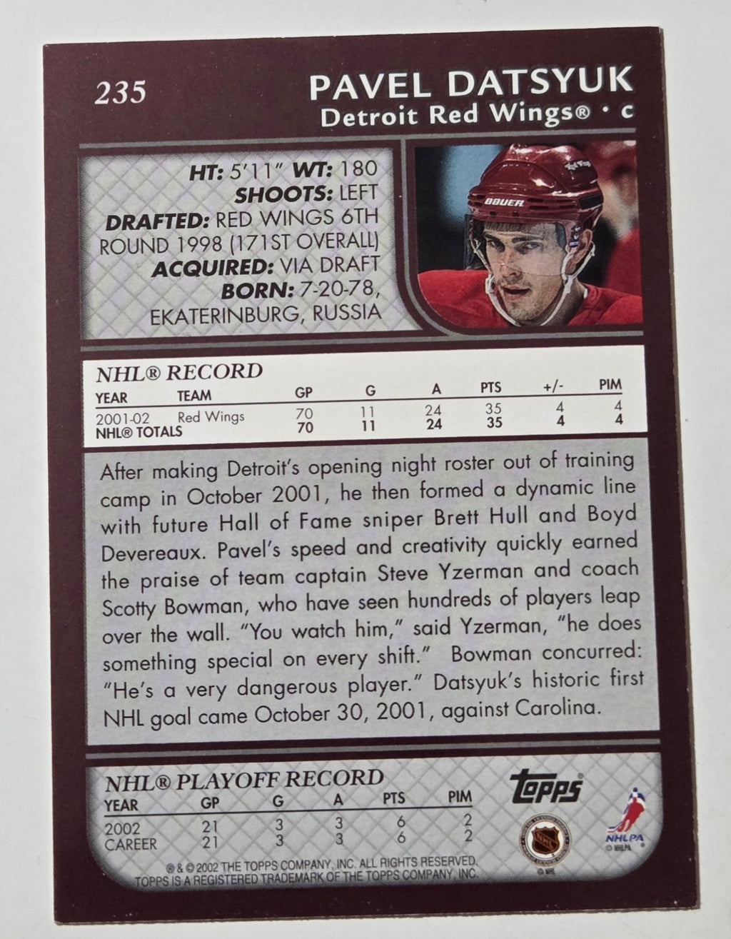 2002-03 Topps Pavel Datsyuk #235 Detroit Red Wings card back