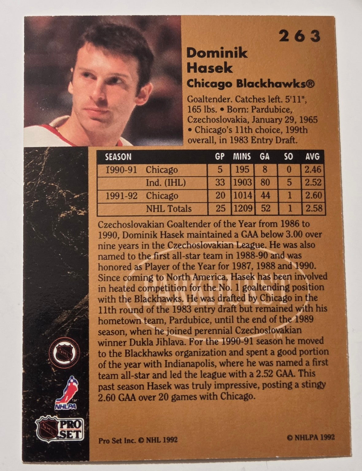 1991-92 Parkhurst Dominik Hasek #263 RC Chicago Blackhawks back