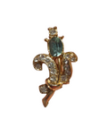 Gold-tone fleur-de-lis pin with oval blue stone and clear rhinestones