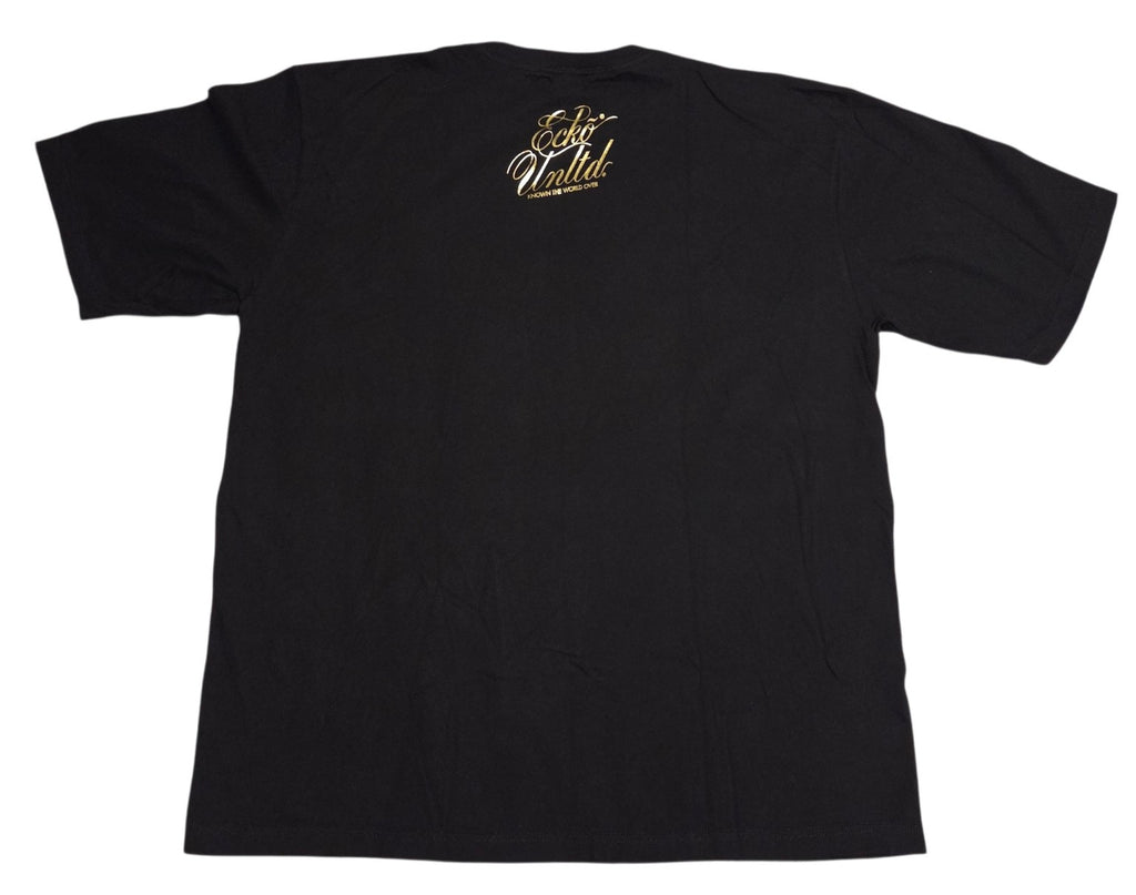 Back of black Ecko Unltd XL shirt showing small gold script logo