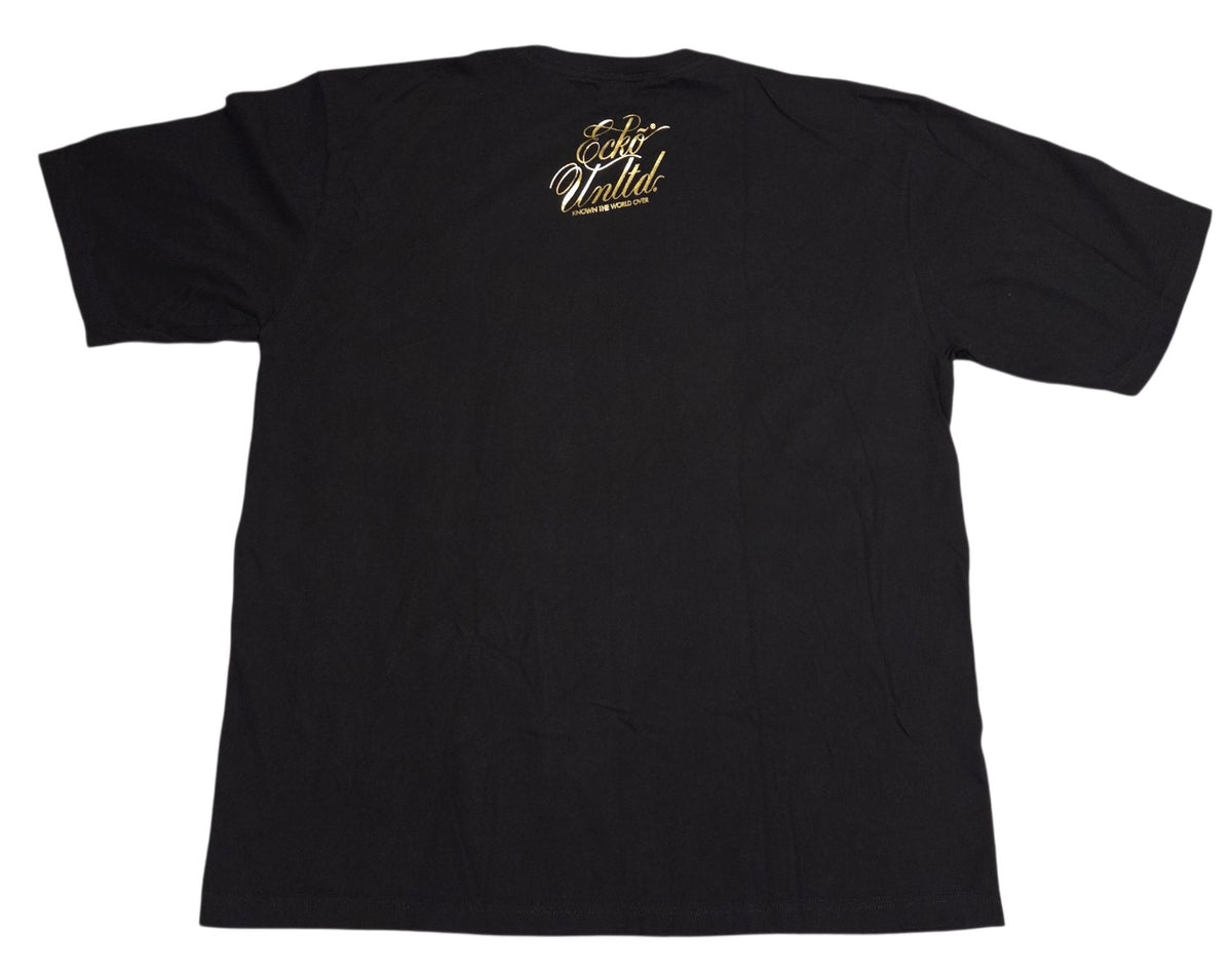 Back of black Ecko Unltd XL shirt showing small gold script logo