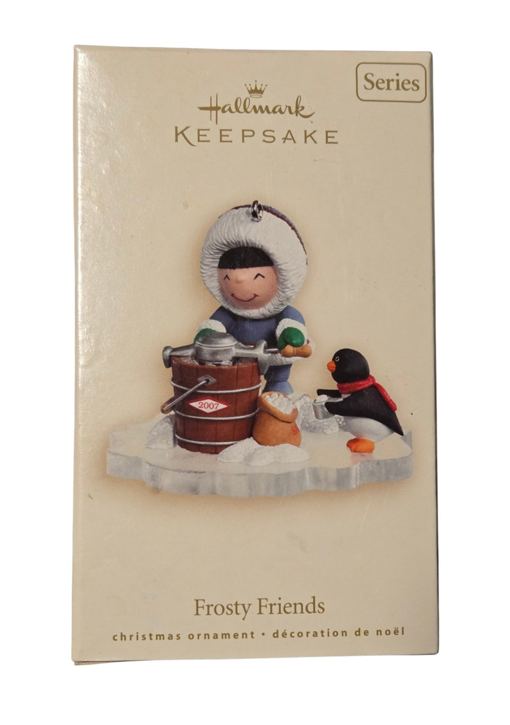 2007 Hallmark Frosty Friends 28th ornament box front showing Frosty making ice cream with a penguin