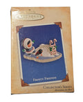2004 Hallmark Frosty Friends 25th ornament original box front showing ice slide and penguin design