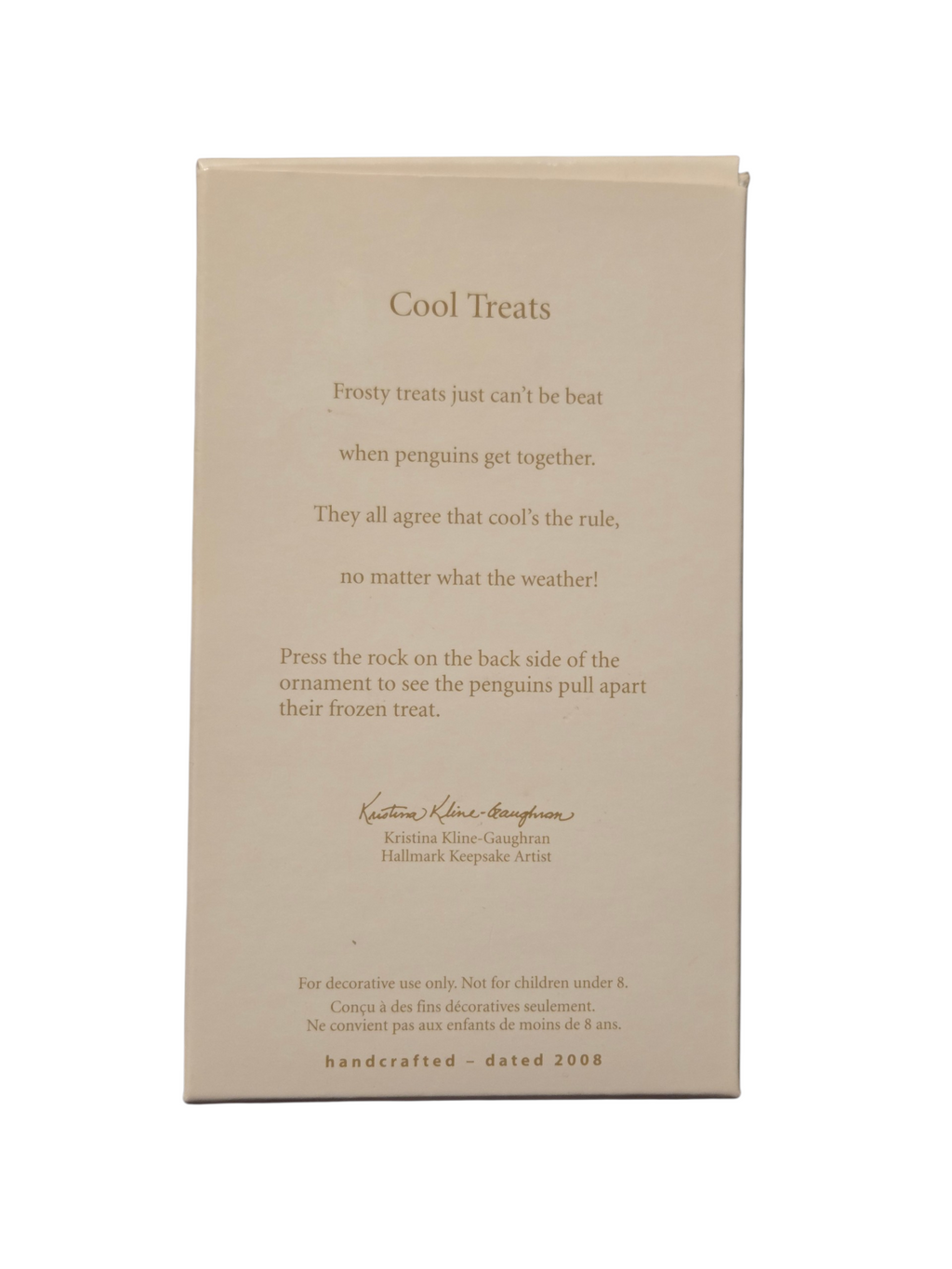 Cool Treats ornament box back with artist and movement instructions