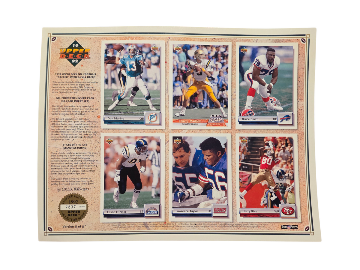 1992 Upper Deck NFL commemorative sheet Version 8 numbered 7837 of 8000 front