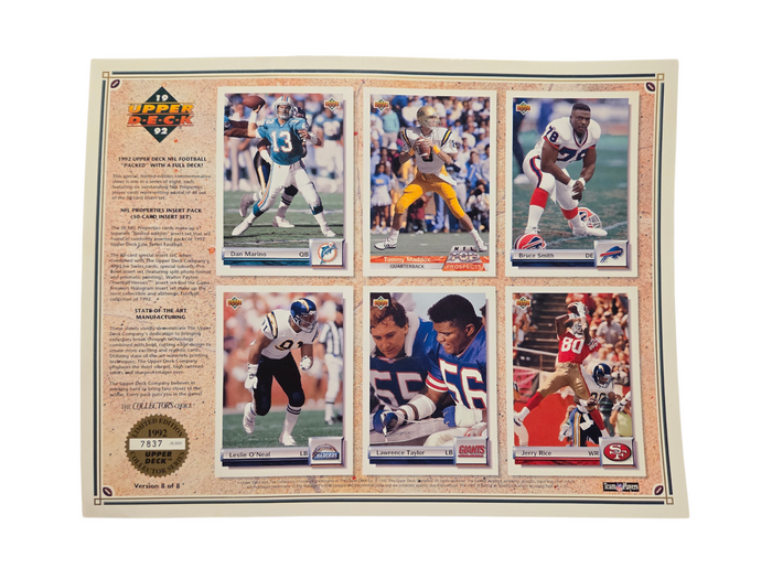 1992 Upper Deck NFL commemorative sheet Version 8 numbered 7837 of 8000 front