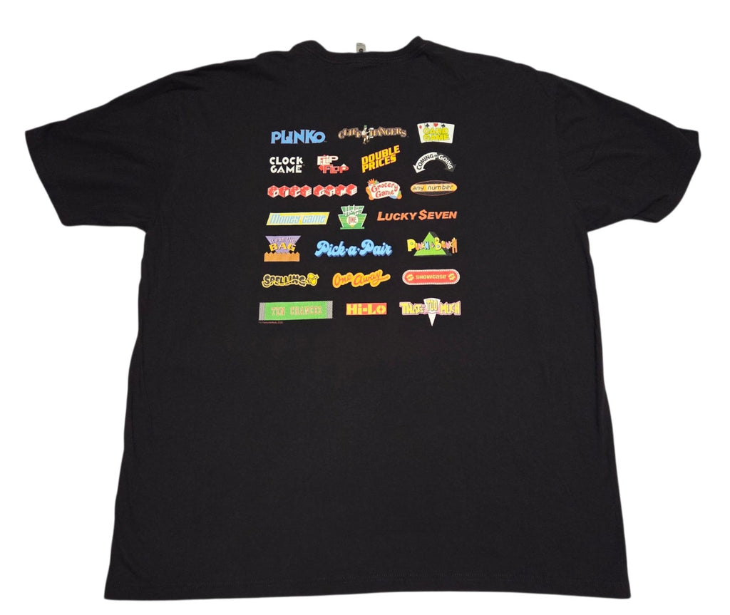 Back of The Price Is Right shirt with colorful pricing-game logos including Plinko and Cliff Hangers