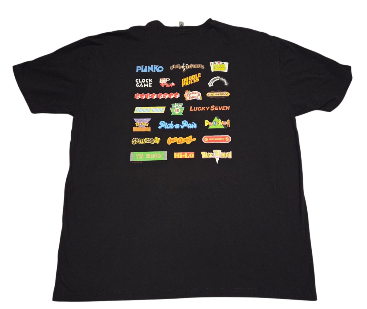 Back of The Price Is Right shirt with colorful pricing-game logos including Plinko and Cliff Hangers
