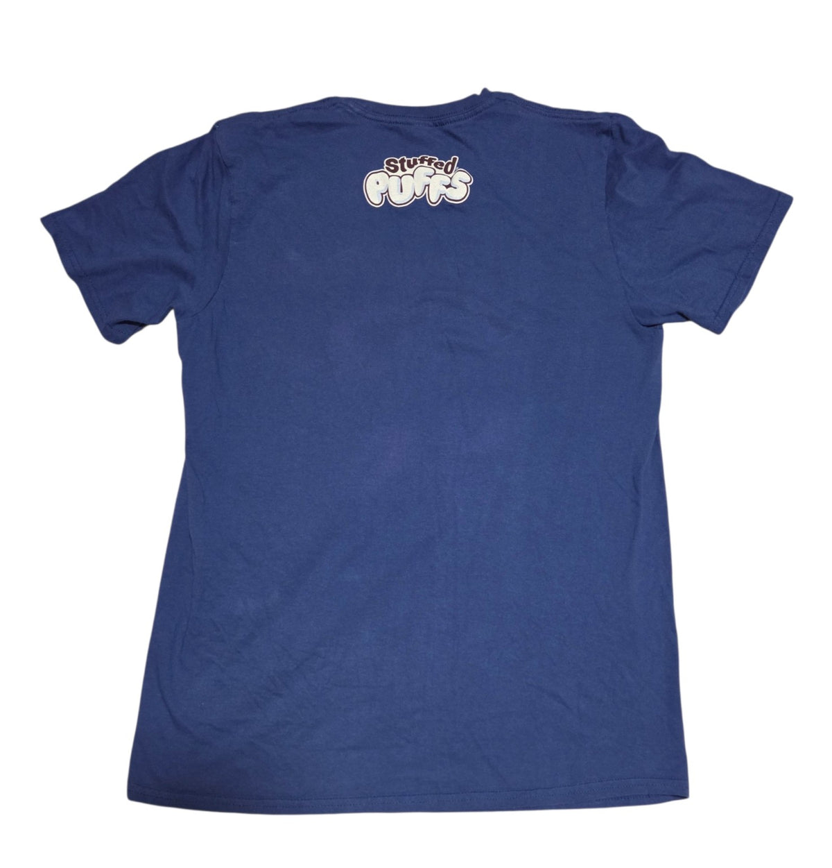 Back of Stuffed Puffs blue T-shirt with small upper back logo