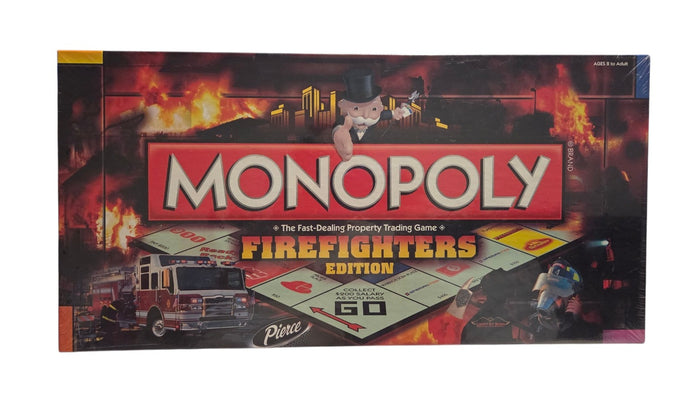 Sealed 2009 Monopoly Firefighters Edition USAopoly board game front box with Pierce fire engine