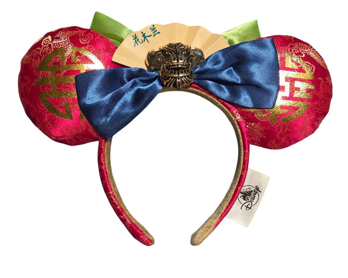 Disney Parks Mulan reversible Minnie ears with red and gold fabric, blue bow, dragon clasp and fan