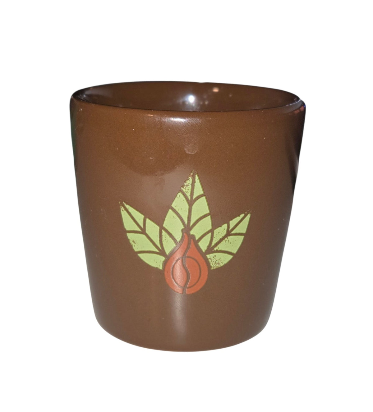 Alternate view of brown Starbucks ceramic cup showing surface and graphic wear