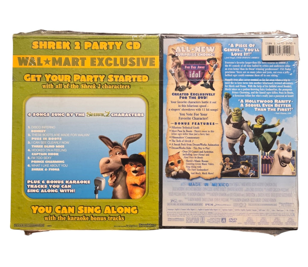 Rear of sealed Shrek 2 DVD and Party CD pack with track listing