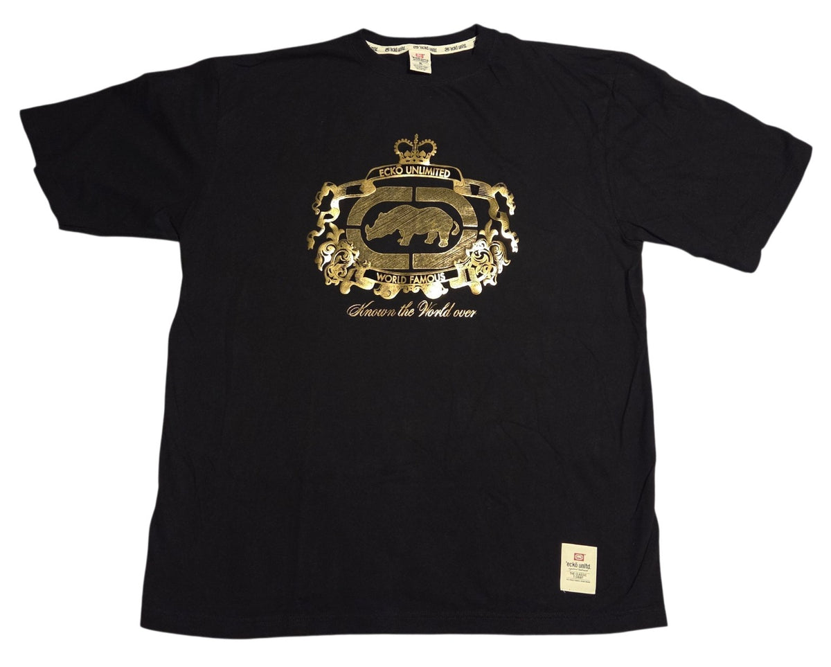 Ecko Unltd black T-shirt with gold rhino crest and Known the World Over lettering size XL