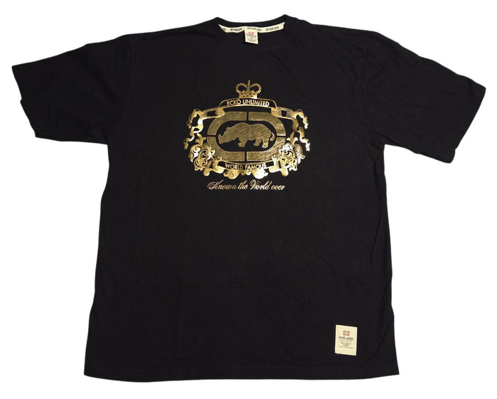 Ecko Unltd black T-shirt with gold rhino crest and Known the World Over lettering size XL