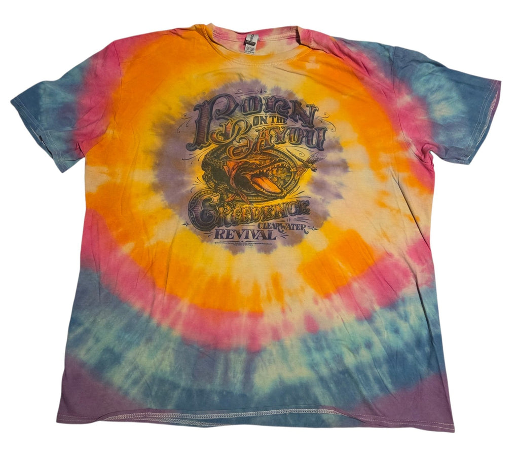 Creedence Clearwater Revival Born on the Bayou alligator graphic multicolor tie-dye shirt front size 2XL