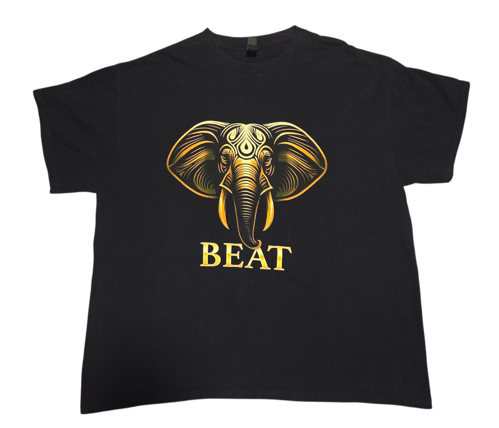 Front of black BEAT concert T-shirt with gold elephant design, size XL