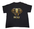 Front of black BEAT concert T-shirt with gold elephant design, size XL