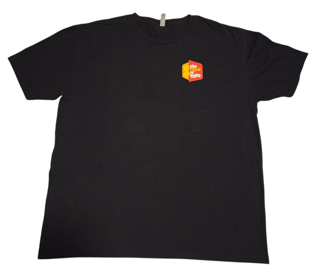 Front of black The Price Is Right T-shirt with small chest logo