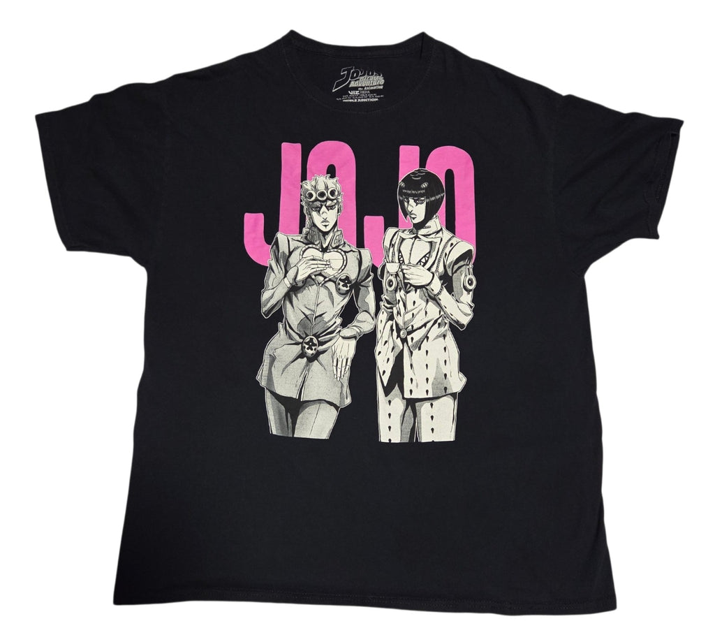 Front of black JoJo's Bizarre Adventure Giorno and Bruno tea graphic T-shirt with pink JOJO lettering