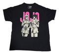 Front of black JoJo's Bizarre Adventure Giorno and Bruno tea graphic T-shirt with pink JOJO lettering