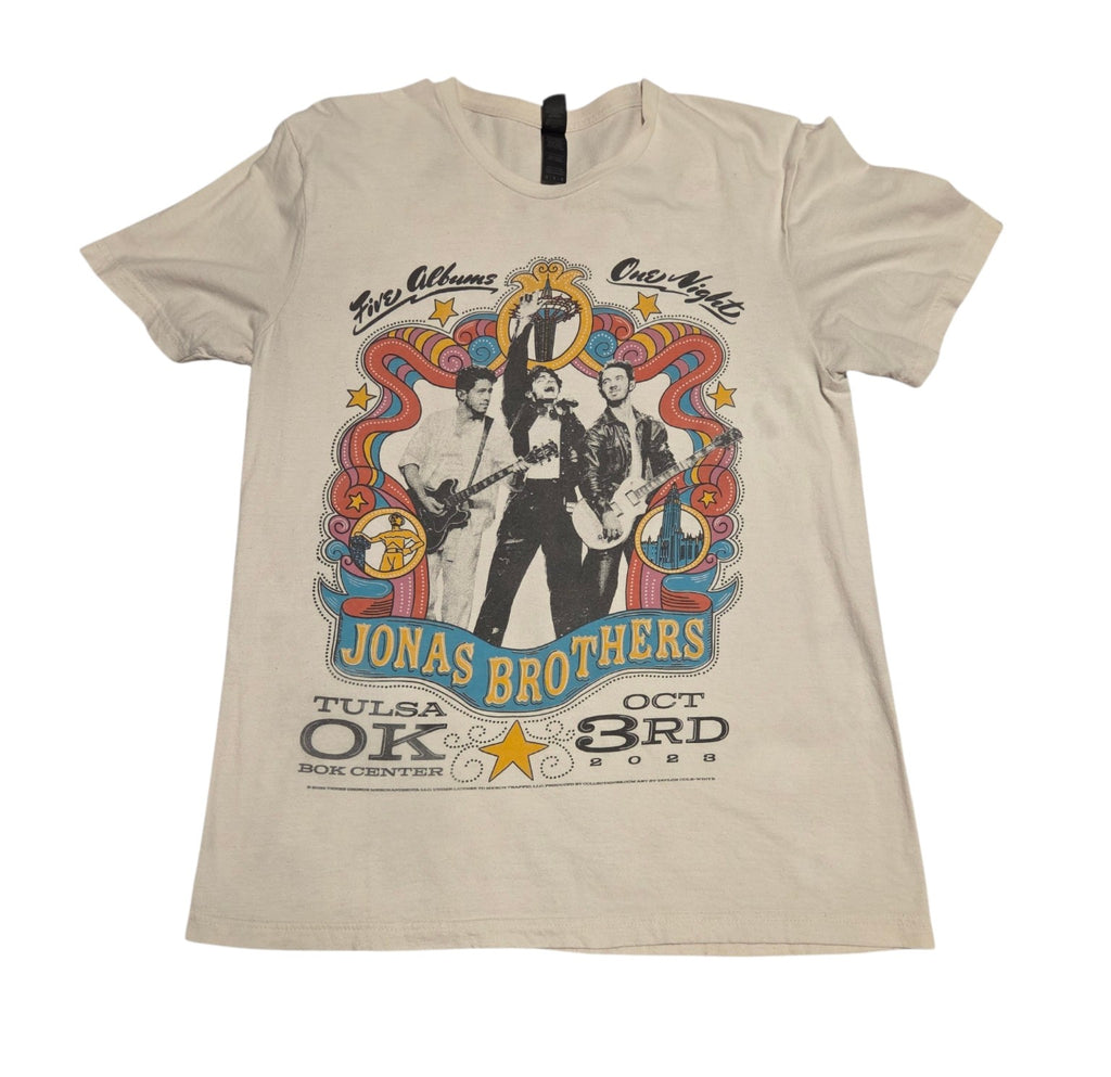 Front of Jonas Brothers Tulsa October 3 2023 concert T-shirt, Medium cream