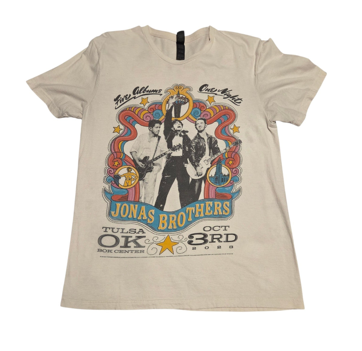 Front of Jonas Brothers Tulsa October 3 2023 concert T-shirt, Medium cream
