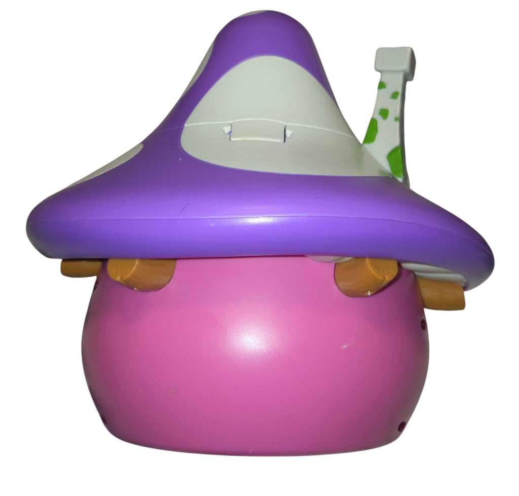 Rear of pink and purple mushroom house popcorn bucket