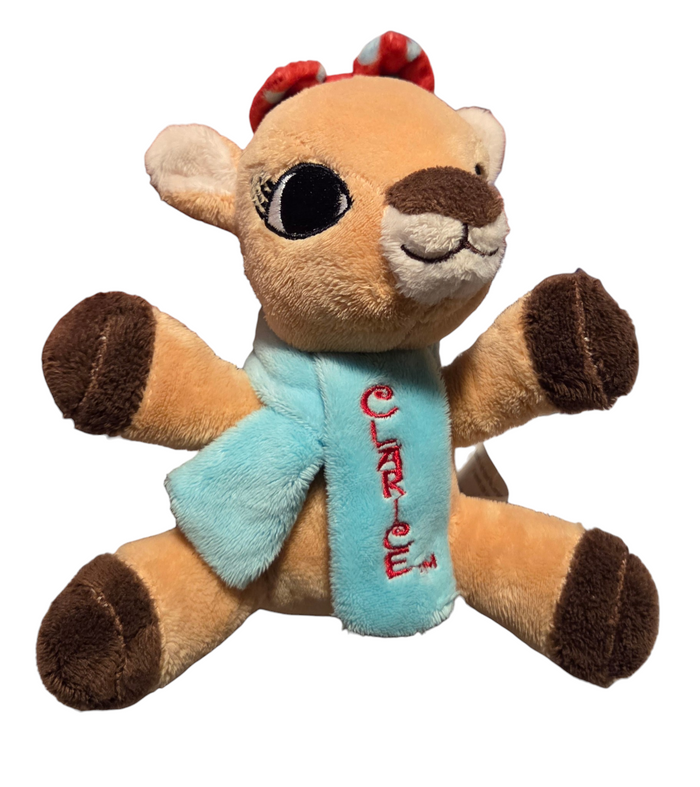 Clarice reindeer plush front with blue embroidered scarf and red polka dot bow