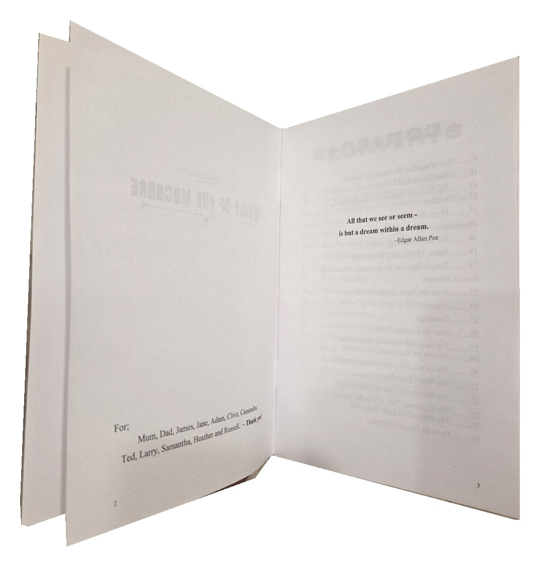 Vault of the Macabre dedication and epigraph pages